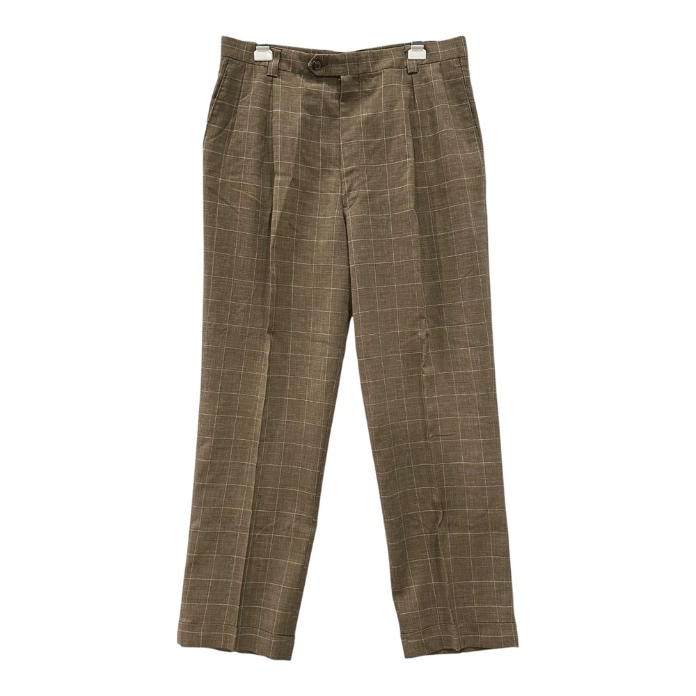 Austin Reed London Mens Brown Windowpane Plaid Pleated Dress Pants 33x31 USA